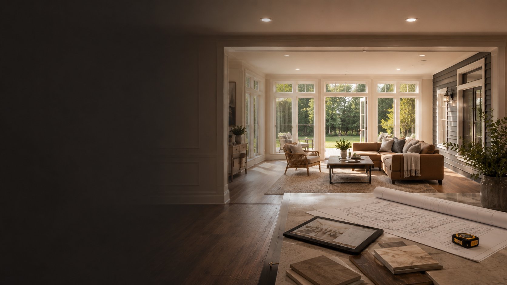 Bright modern living room with large windows, neutral tones, comfortable seating, and wooden flooring viewed from entryway