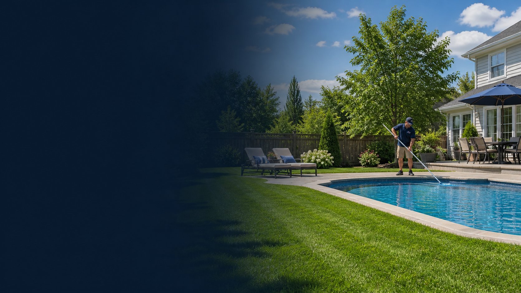 Backyard with rectangular swimming pool, manicured green lawn, lounge chairs, and modern white house with patio
