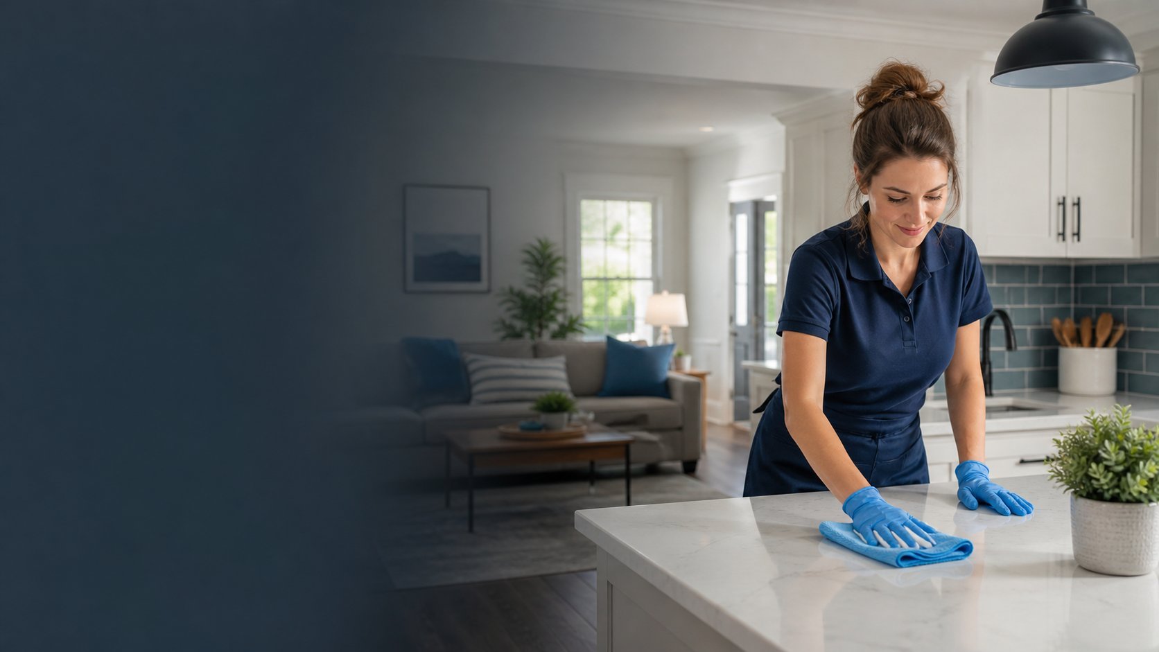 Woman in blue shirt cleaning kitchen counter with cloth wearing blue gloves
