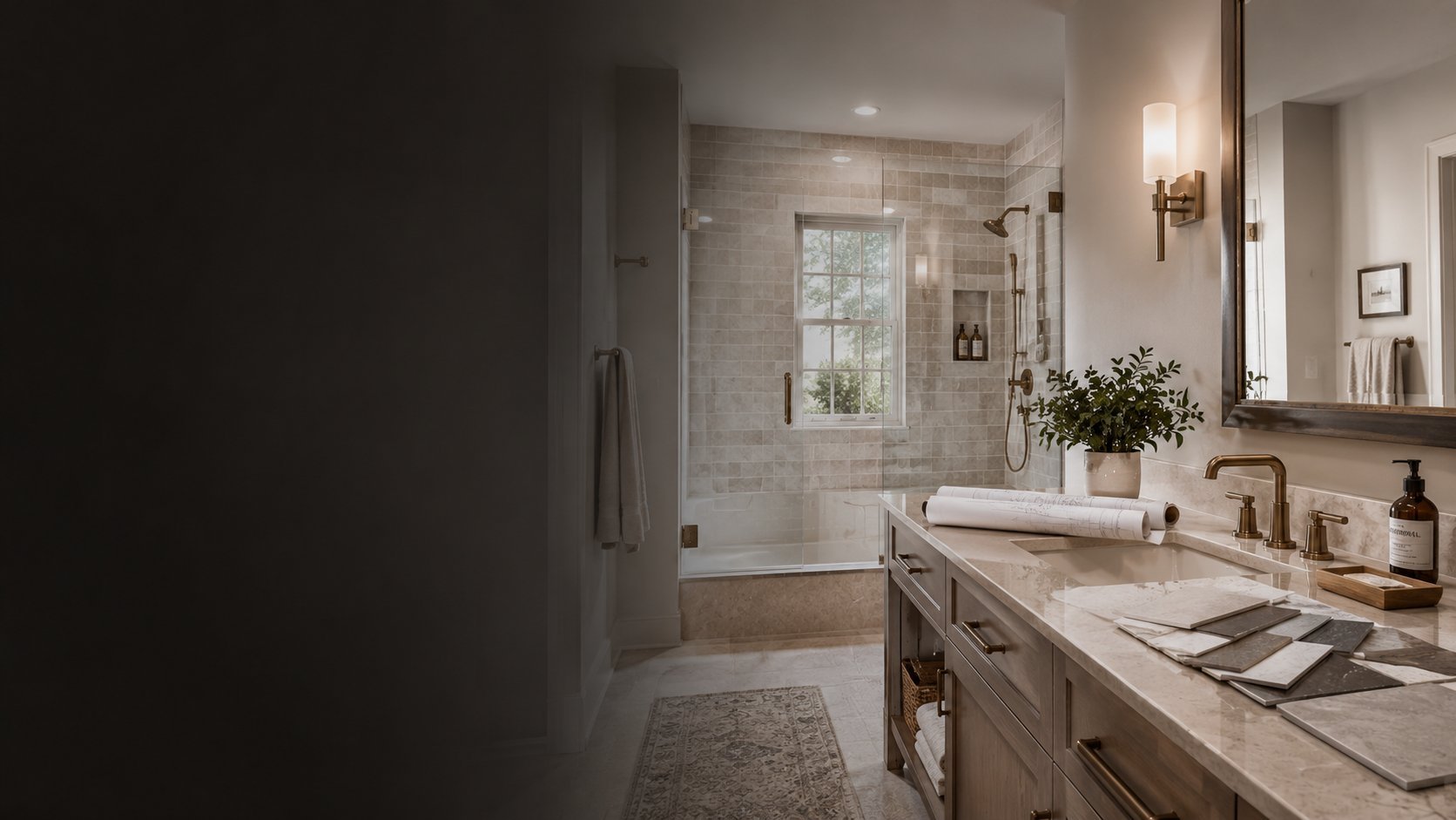 Modern bathroom with dual vanity sink, large mirror, glass shower enclosure, and marble countertops